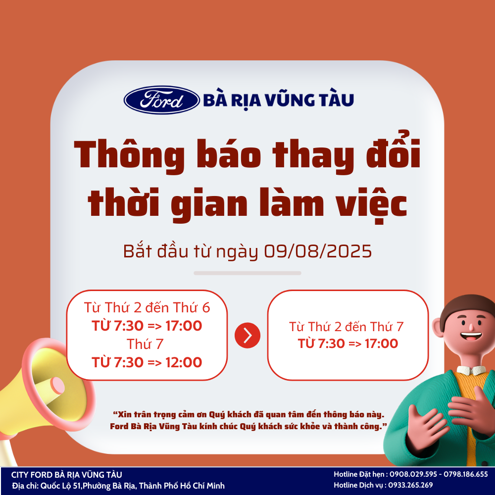 THÔNG BÁO THAY ĐỔI THỜI GIAN LÀM VIỆC TẠI CITY FORD BÀ RỊA VŨNG TÀU